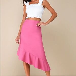 Lulu's Pink Trumpet Midi Skirt Asymmetrical Ruffled Cocktail